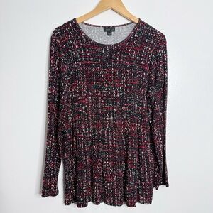 J Jill Wearever Top Tunic Red/Black Knit Slinky Shirt Long Sleeve Stretch Medium